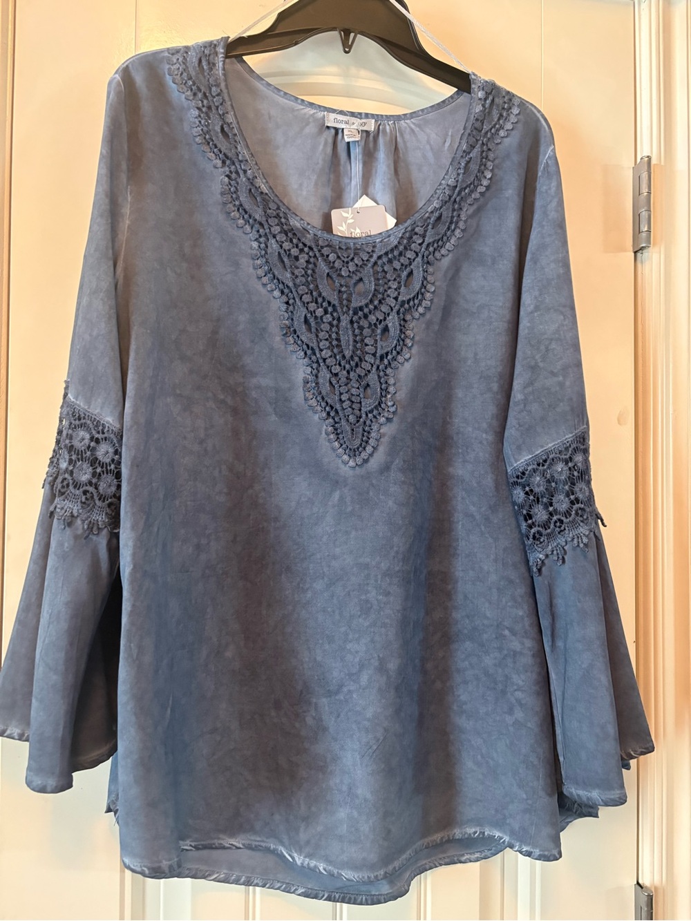 Floral and Ivy Indigo Crochet-Trim Bell Sleeve Tunic